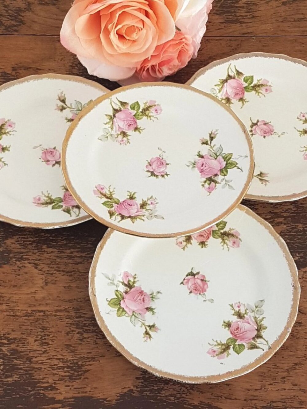Vintage Canonsburg China Hallmark Rose Dessert Plates 4pc Set